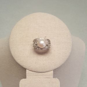 Freshwater Pearl & White Zircon Sterling Ring